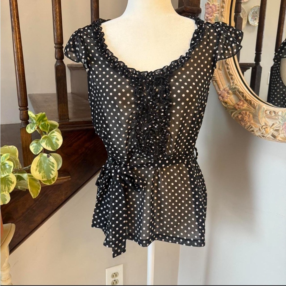 Charlotte Russe Black and White Polka Dot Ruffle Tie-Waist Blouse